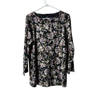 J Jill Black Floral Luxe Supima Split Sleeve Tunic Blouse